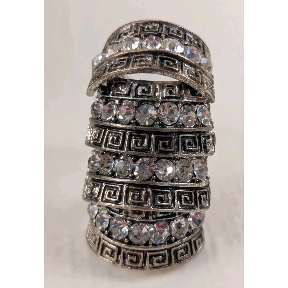 Wide Silver Tone Greek Key Rhinestone Statement Ring Chunky Band Sparkle